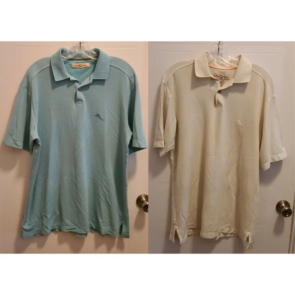 x2 Tommy Bahama Short Sleeve Polo Shirts Swordfish Cotton Blend Blue/Yellow Sz M